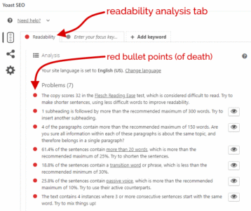 Your worst nightmare: 7 RED bullets in Yoast SEO Readability tab